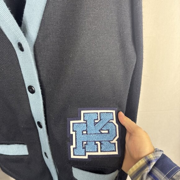 Jostens Varsity Style Knit Cardigan Sweater Navy Blue With Light Blue Men M - Picture 4 of 6